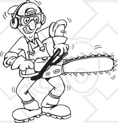 Clipart Black And White Tree Trimmer Starting Up His Chainsaw - Royalty Free Vector Illustration