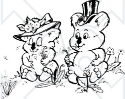 Clipart Illustration of a Black And White Coloring Book Page Of Courting Koalas Making Wishes With Dandelion