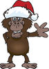 Friendly Waving Chimpanzee Wearing a Christmas Santa Hat