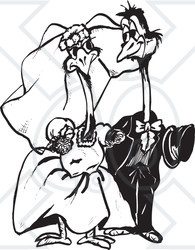 Clipart Black And White Outlined Emu Wedding Couple - Royalty Free Vector Illustration