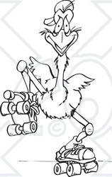 Clipart Black And White Australian Emu Roller Skating - Royalty Free Vector Illustration