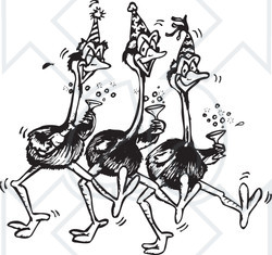 Clipart Black And White Aussie Emus Partying - Royalty Free Vector Illustration