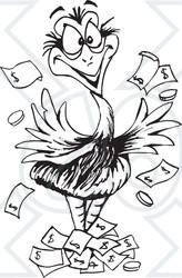 Clipart Black And White Aussie Wealthy Emu Bird With Cash - Royalty Free Vector Illustration