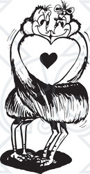 Clipart Black And White Aussie Emu Couple Kissing With A Heart - Royalty Free Vector Illustration