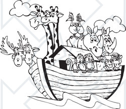 Clipart Black And White Giraffes Birds Rhinos Sheep And Monkeys On Noahs Ark - Royalty Free Vector Illustration