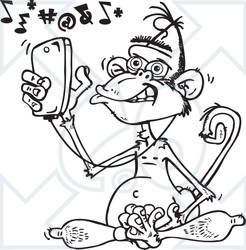 Clipart of a Black and White Mad Wise Monkey Texting and Listening to Music on a Cell Phone - Royalty Free Vector Illustration