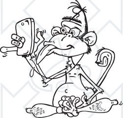 Clipart of a Black and White Drooling Wise Monkey Using a Cell Phone Music Player - Royalty Free Vector Illustration