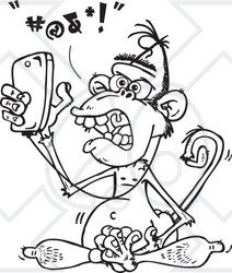 Clipart of a Black and White Furious Wise Monkey Texting and Listening to Music on a Cell Phone - Royalty Free Vector Illustration