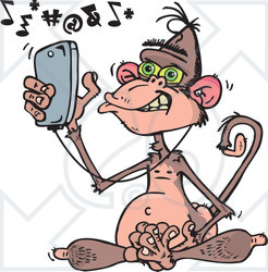 Clipart of a Mad Wise Monkey Texting and Listening to Music on a Cell Phone - Royalty Free Vector Illustration