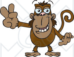 Clipart of a Happy Monkey Gesturing Peace - Royalty Free Vector Illustration