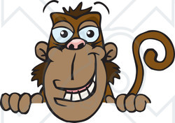 Clipart of a Happy Monkey Peeking over a Sign - Royalty Free Vector Illustration