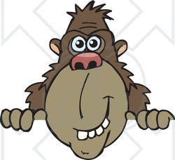 Clipart of a Happy Ape Peeking over a Sign - Royalty Free Vector Illustration