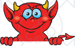 Clipart of a Happy Blue Eyed Red Devil Peeking over a Sign - Royalty Free Vector Illustration