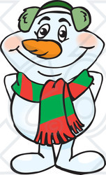 Clipart of a Happy Snowman in a Scarf and Ear Muffs - Royalty Free Vector Illustration