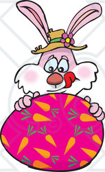 Clipart of a Pink Easter Bunny Licking His Lips Behind a Large Egg - Royalty Free Vector Illustration