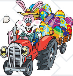 Clipart of a Pink Easter Bunny Pulling a Cart of Eggs with a Tractor - Royalty Free Vector Illustration