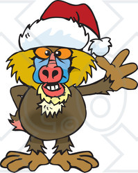 Clipart of a Friendly Waving Baboon Wearing a Christmas Santa Hat - Royalty Free Vector Illustration