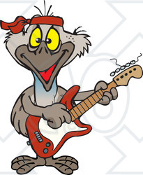 Clipart of a Happy Emu Bird Playing an Electric Guitar - Royalty Free Vector Illustration