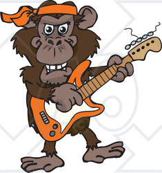 Clipart of a Happy Chimp Playing an Electric Guitar - Royalty Free Vector Illustration