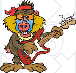 Clipart of a Happy Baboon Musician Playing an Electric Guitar - Royalty Free Vector Illustration