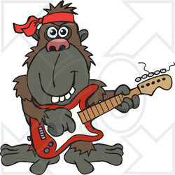 Clipart of a Happy Ape Musician Playing an Electric Guitar - Royalty Free Vector Illustration