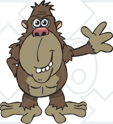 Clipart of a Friendly Brown Ape Waving - Royalty Free Vector Illustration