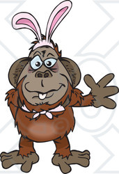 Clipart of a Friendly Waving Orangutan Monkey Wearing Easter Bunny Ears - Royalty Free Vector Illustration