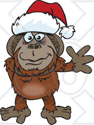 Clipart of a Friendly Waving Orangutan Wearing a Christmas Santa Hat - Royalty Free Vector Illustration