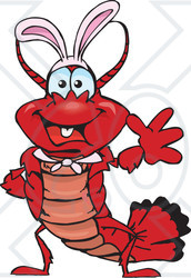 Clipart of a Friendly Waving Lobster Wearing Easter Bunny Ears - Royalty Free Vector Illustration