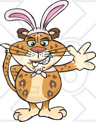 Clipart of a Friendly Waving Leopard Wearing Easter Bunny Ears - Royalty Free Vector Illustration