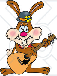 Clipart of a Happy Brown Easter Bunny Rabbit Playing an Acoustic Guitar - Royalty Free Vector Illustration