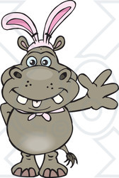 Clipart of a Friendly Waving Hippo Wearing Easter Bunny Ears - Royalty Free Vector Illustration