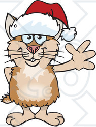 Clipart of a Friendly Waving Hamster Wearing a Christmas Santa Hat - Royalty Free Vector Illustration
