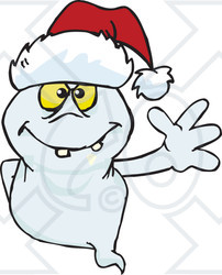 Clipart of a Friendly Waving Ghost Wearing a Christmas Santa Hat - Royalty Free Vector Illustration