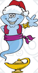 Clipart of a Friendly Waving Genie Wearing a Christmas Santa Hat - Royalty Free Vector Illustration