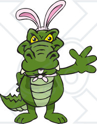 Clipart of a Friendly Waving Alligator Wearing Easter Bunny Ears - Royalty Free Vector Illustration