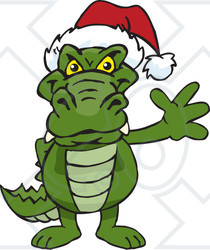 Clipart of a Friendly Waving Alligator Wearing a Christmas Santa Hat - Royalty Free Vector Illustration