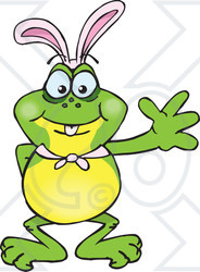 Clipart of a Friendly Waving Frog Wearing Easter Bunny Ears - Royalty Free Vector Illustration