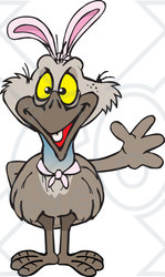 Clipart of a Friendly Waving Emu Wearing Easter Bunny Ears - Royalty Free Vector Illustration