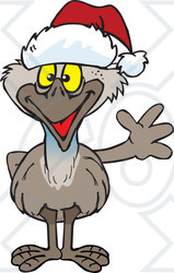 Clipart of a Friendly Waving Emu Wearing a Christmas Santa Hat - Royalty Free Vector Illustration