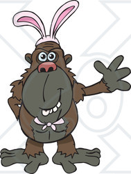 Clipart of a Friendly Waving Dark Brown Ape Wearing Easter Bunny Ears - Royalty Free Vector Illustration