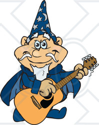 Clipart of a Cartoon Happy Wizard Playing an Acoustic Guitar - Royalty Free Vector Illustration