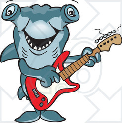 Clipart of a Cartoon Happy Hammerhead Shark Playing an Electric Guitar - Royalty Free Vector Illustration