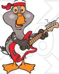 Clipart of a Cartoon Happy Goose Playing an Electric Guitar - Royalty Free Vector Illustration