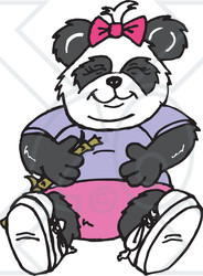 Clipart Illustration of a Friendly Female Panda Wearing Clothes And Holding Bamboo