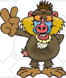 Clipart Illustration of a Peaceful Baboon Smiling And Gesturing The Peace Sign With His Hand