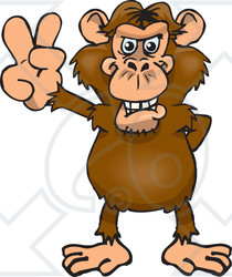 Clipart Illustration of a Peaceful Chimpanzee Smiling And Gesturing The Peace Sign With His Hand