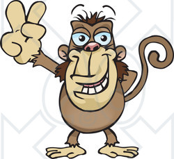 Clipart Illustration of a Peaceful Monkey Smiling And Gesturing The Peace Sign