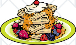 Clipart Illustration of a Stack Of Five Square Waffles Garnished With Whipped Cream, Maple Syrup And Berries