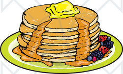 Clipart Illustration of a Stack Of Six Buttermilk Pancakes Topped With Melting Butter And Oozing With Maple Syrup, Garnished With Berries